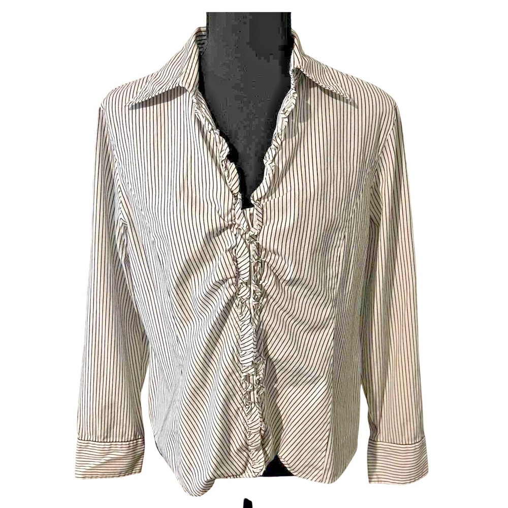 Talbots Petites Vintage Long Sleeve Striped Ruffle Front Top 12 Cotton Career
